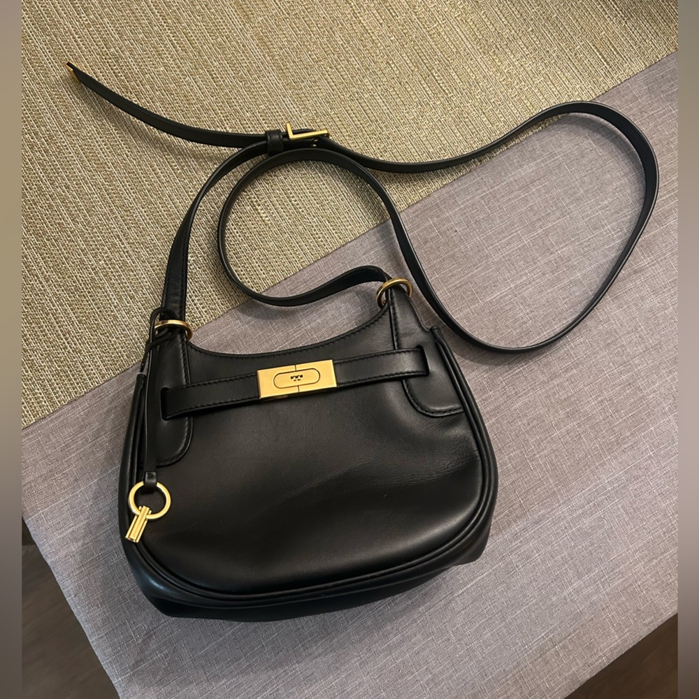 TORY BURCH Calfskin Leather Lee Radziwill Small Saddlebag Crossbody BLACK $598